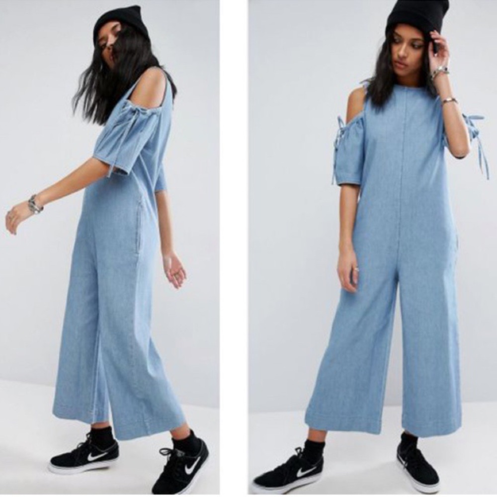 Asos Cold Shoulder Wide Leg Denim Jumpsuit Short Sleeves Blue Sz 6